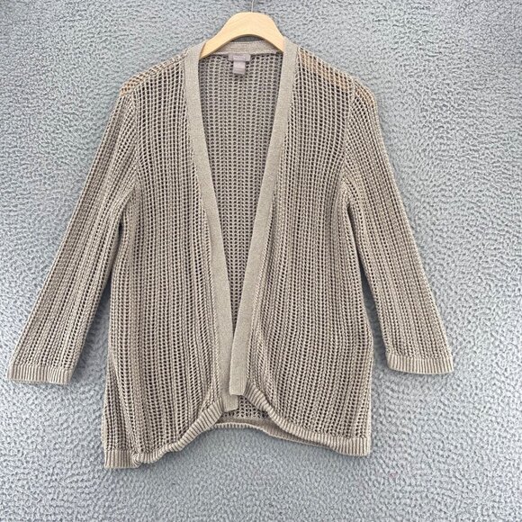 Chicos Sweater Womens 0 US Small Beige Shimmer Open Knit Cardigan 3/4 Sleeves - Picture 11 of 11